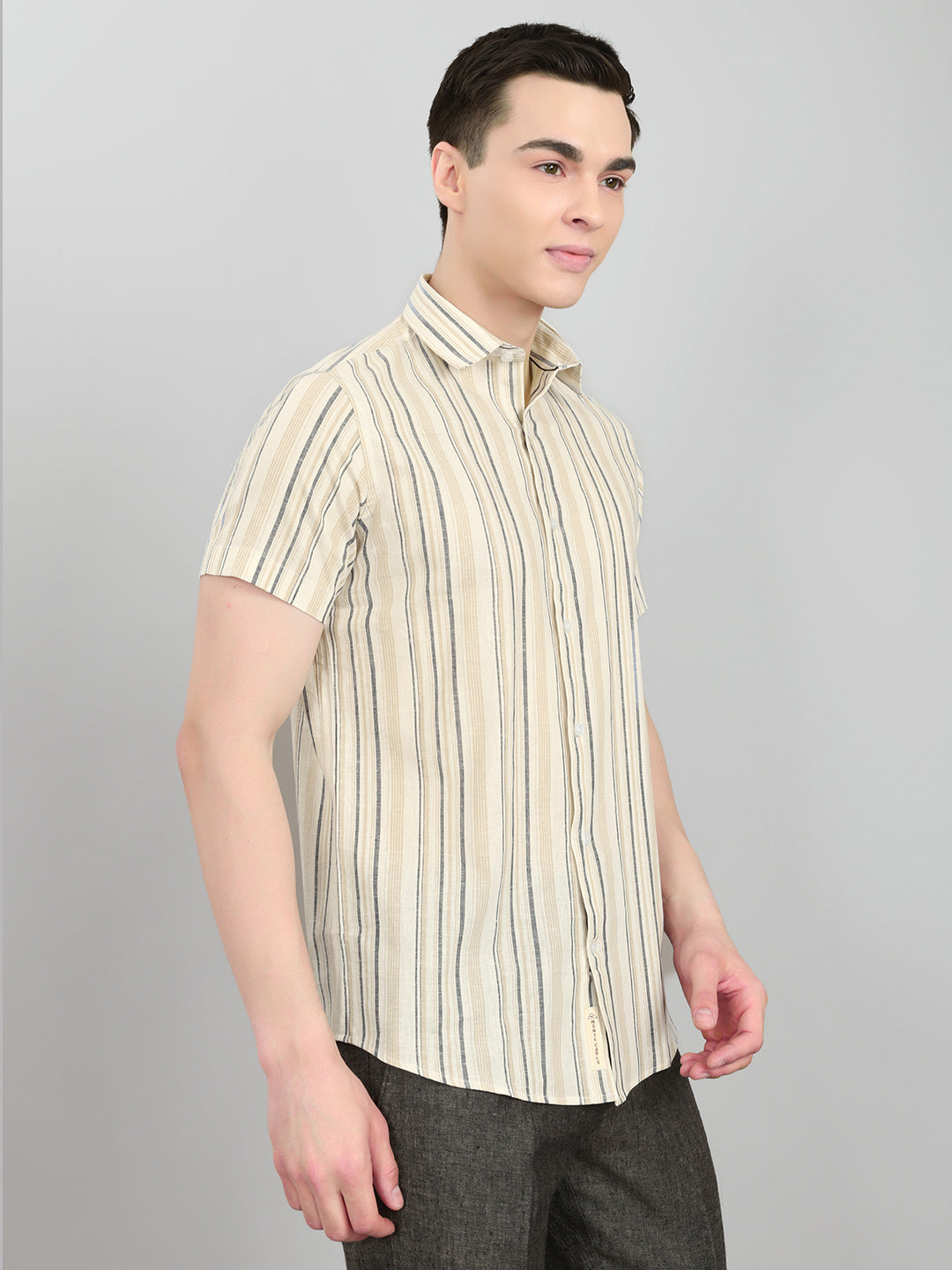 Men Beige Stripe Collar Half Sleeve Shirt