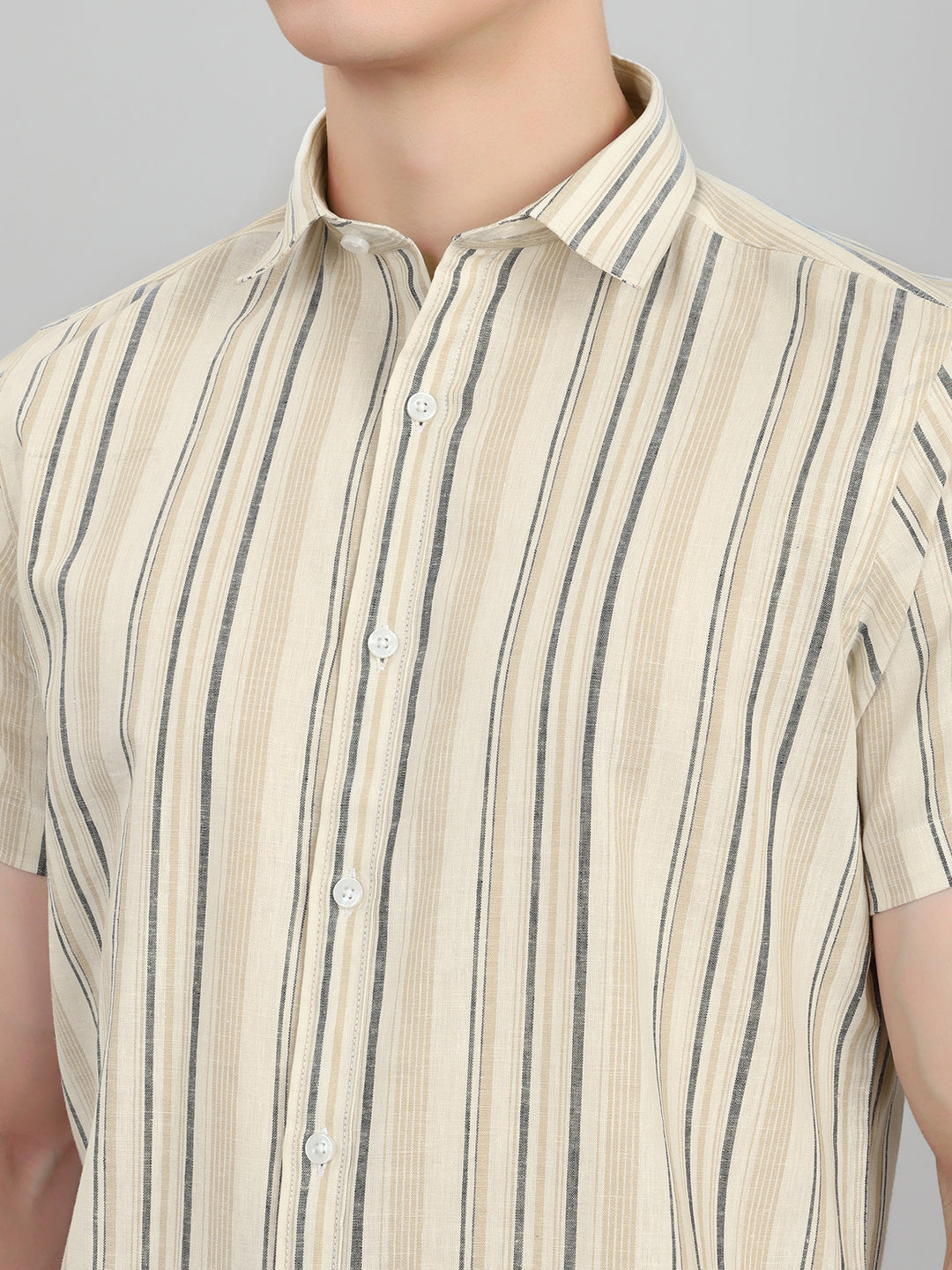 Men Beige Stripe Collar Half Sleeve Shirt