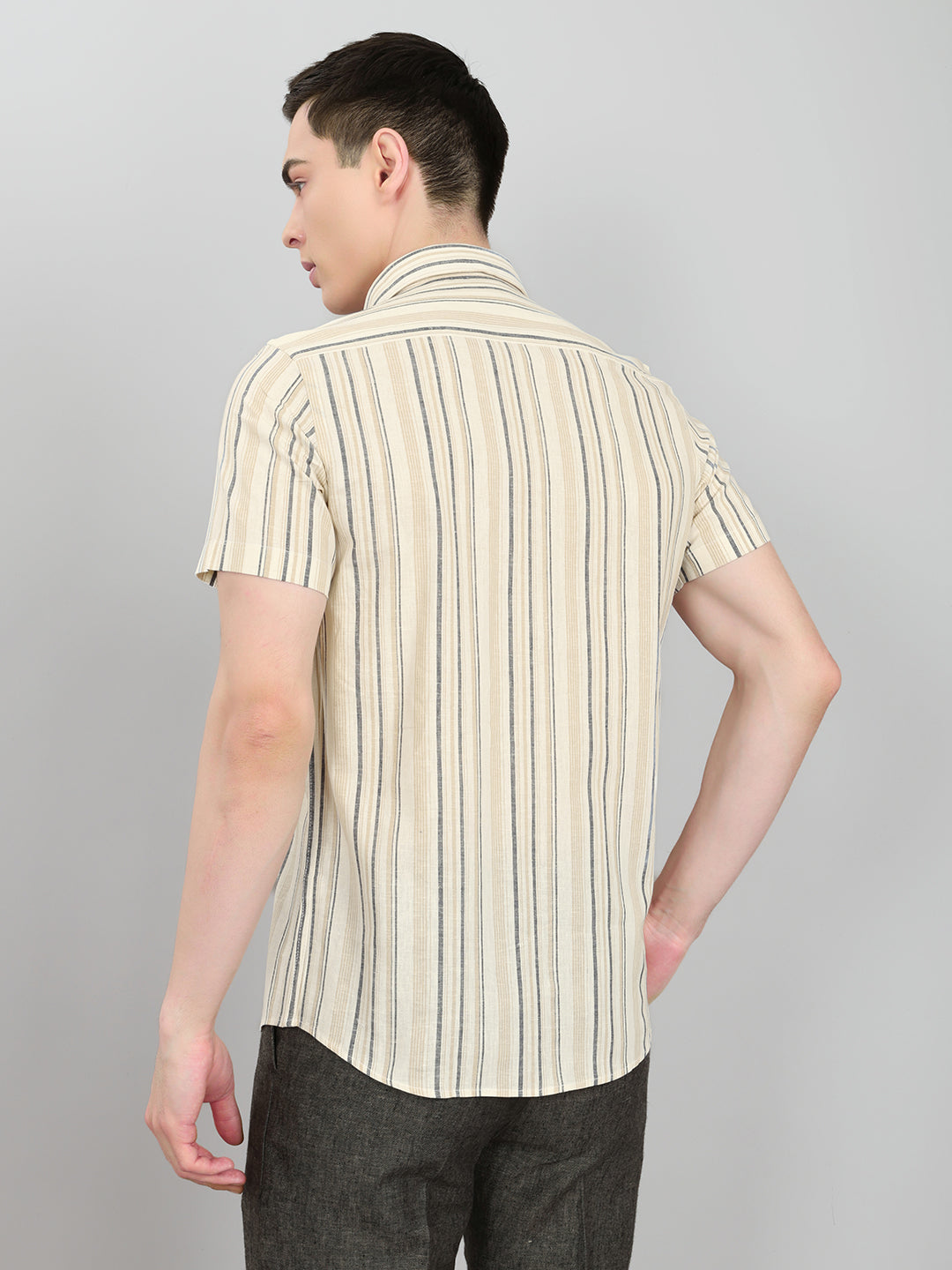 Men Beige Stripe Collar Half Sleeve Shirt
