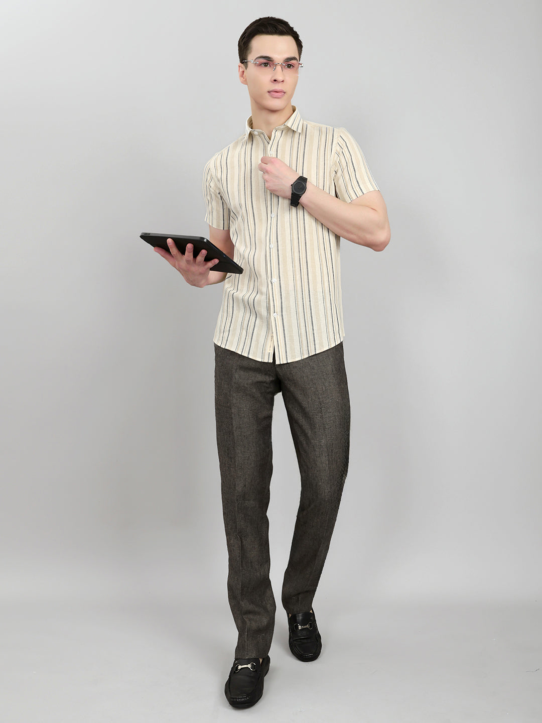 Men Beige Stripe Collar Half Sleeve Shirt