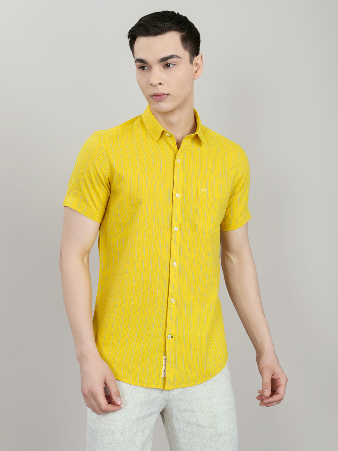 Men Mustard Check Collar Half Sleeve Shirt