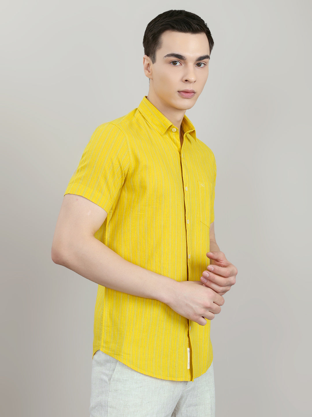 Men Mustard Check Collar Half Sleeve Shirt