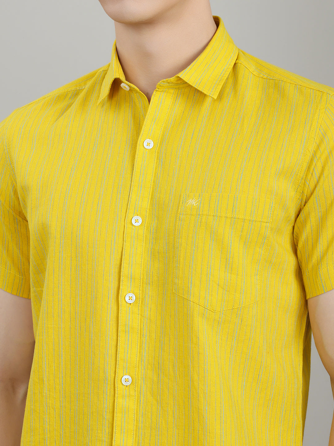 Men Mustard Check Collar Half Sleeve Shirt