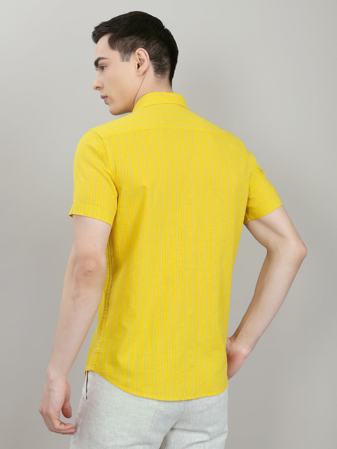 Men Mustard Check Collar Half Sleeve Shirt