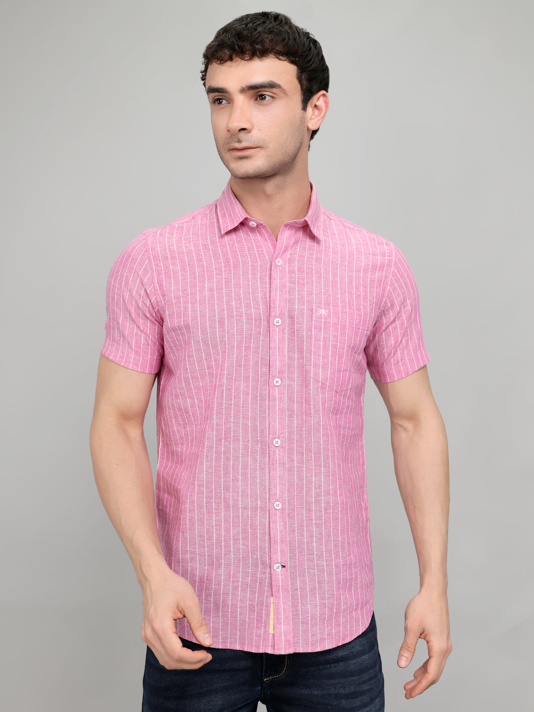 Men Pink Stripe Collar Half Sleeve Shirt
