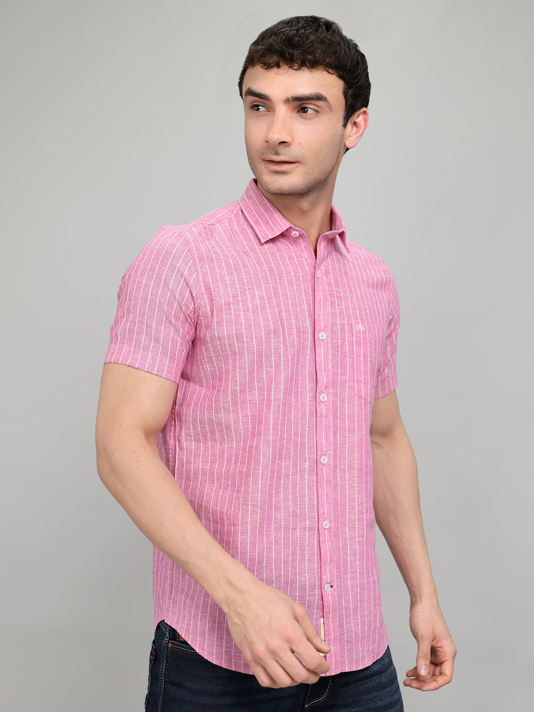 Men Pink Stripe Collar Half Sleeve Shirt