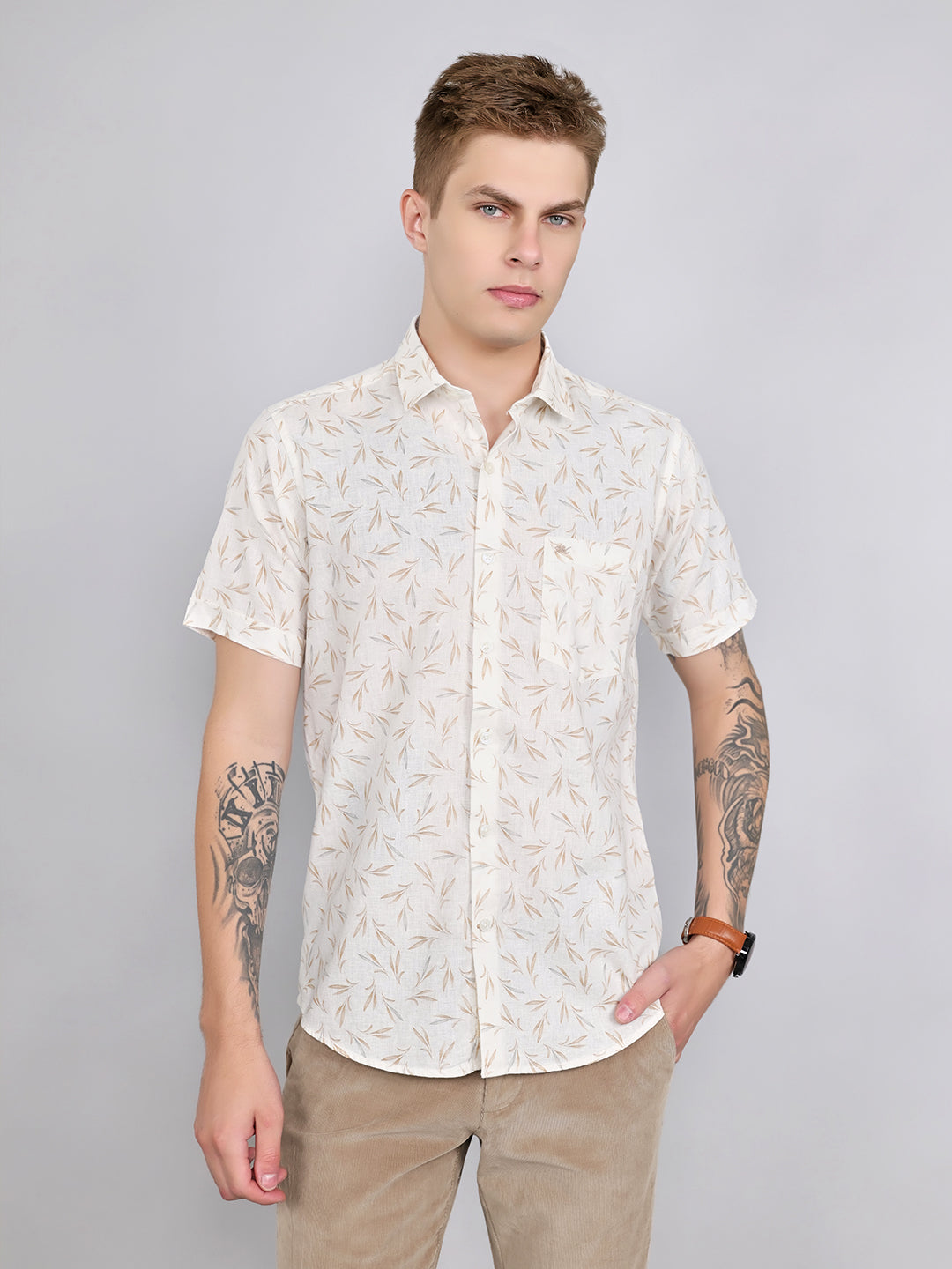 Men White Printed Collar Half Sleeve Shirt