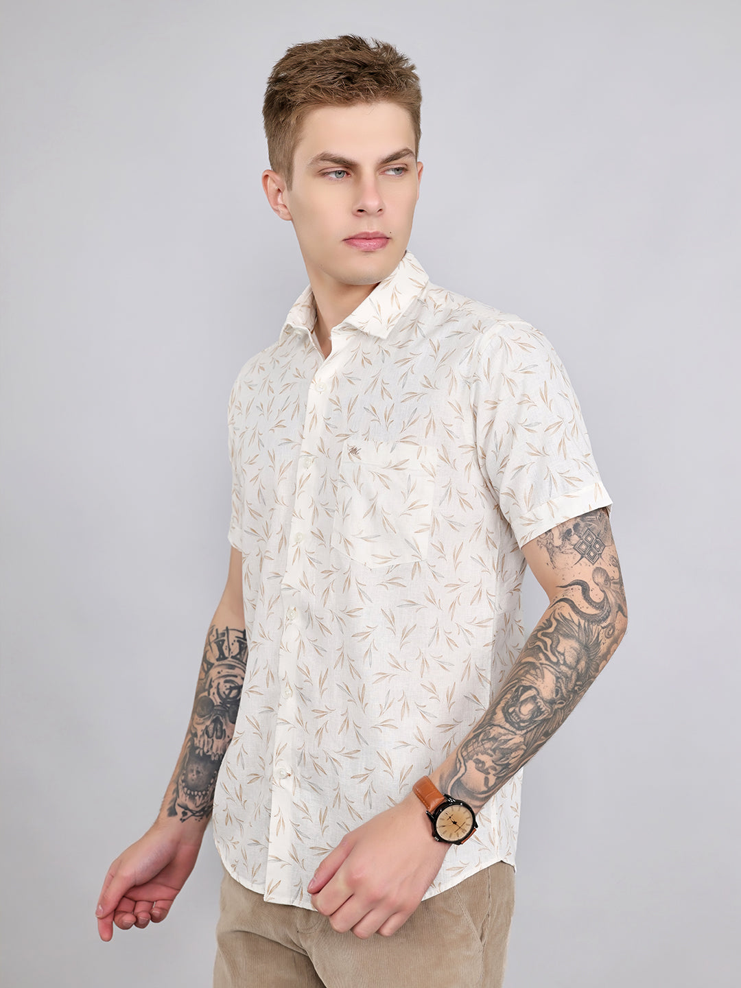 Men White Printed Collar Half Sleeve Shirt