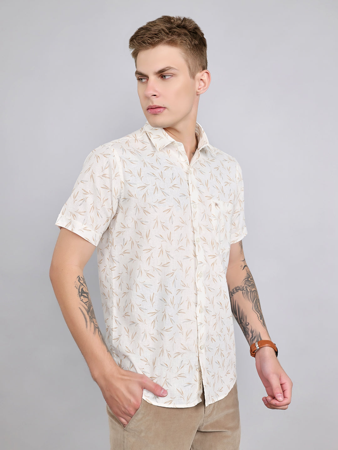 Men White Printed Collar Half Sleeve Shirt