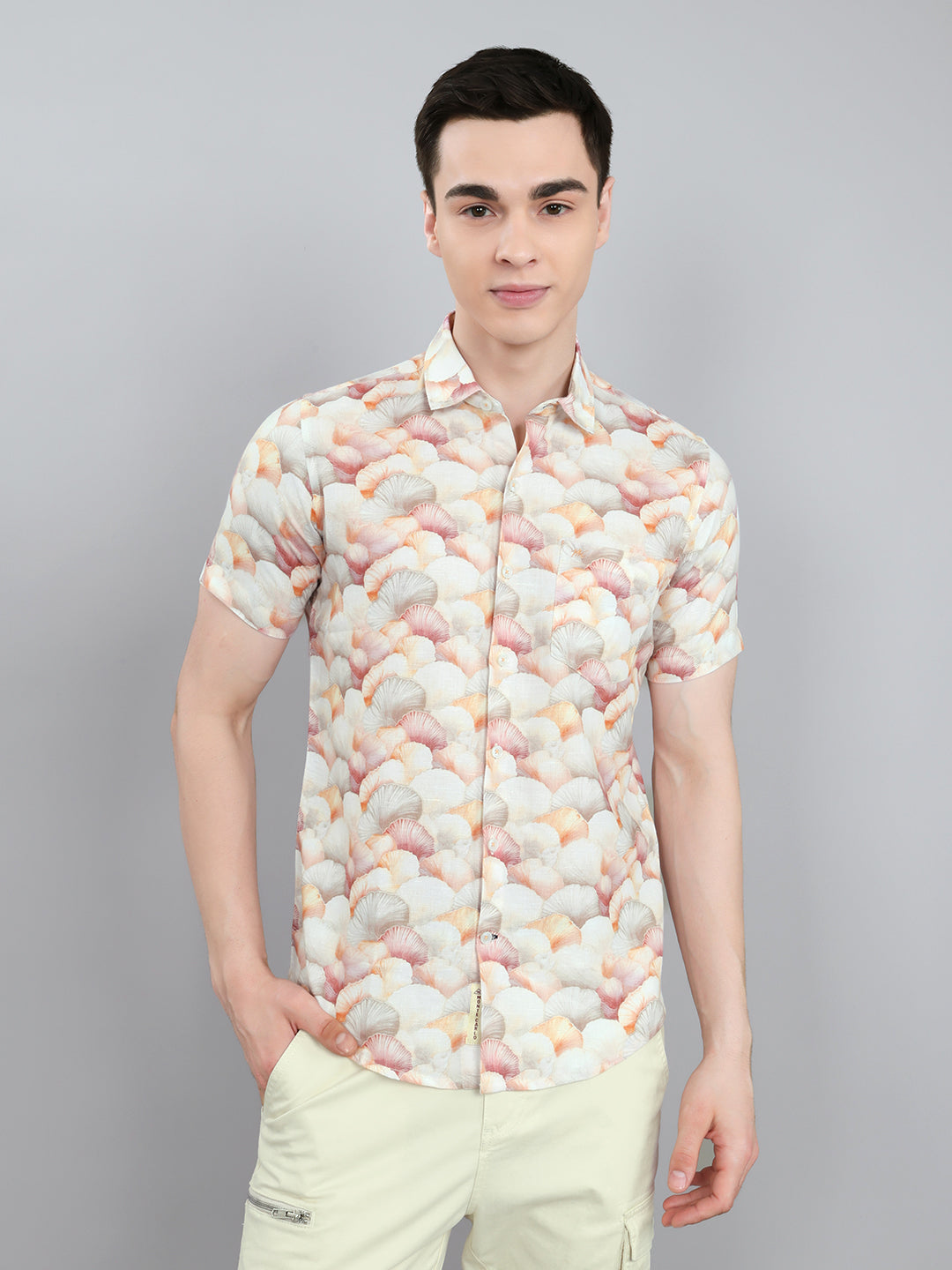 Men Peach Printed Collar Half Sleeve Shirt