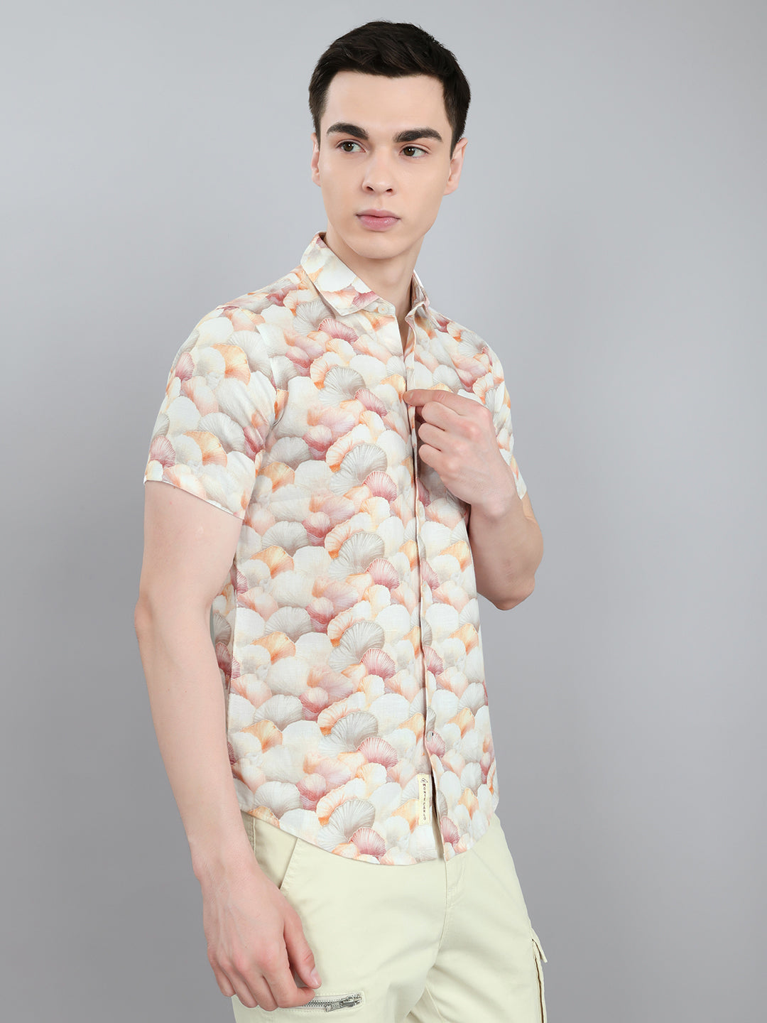 Men Peach Printed Collar Half Sleeve Shirt