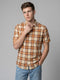 Men Brown Check Spread Collar Half Sleeve Shirt