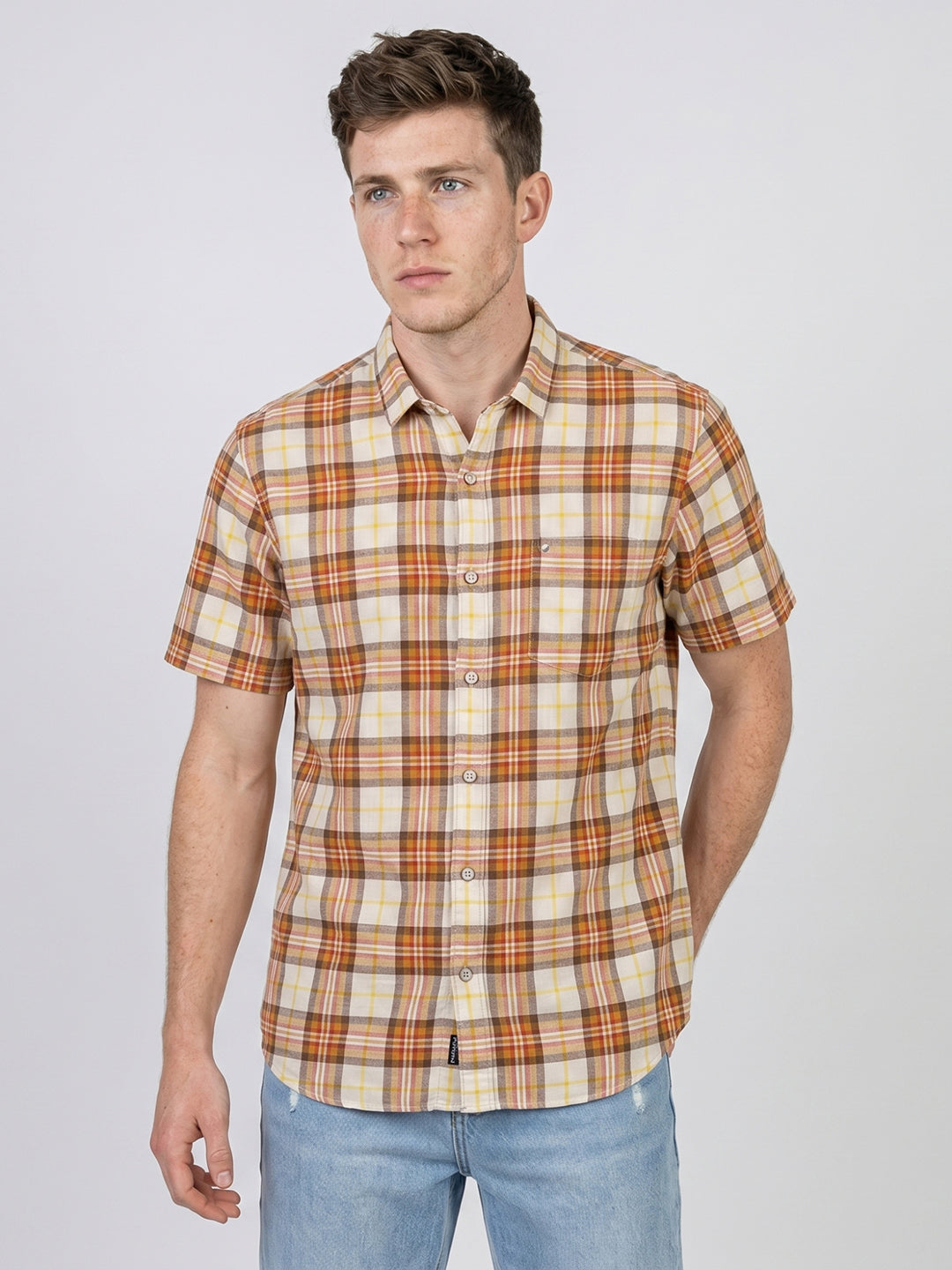 Men Brown Check Spread Collar Half Sleeve Shirt