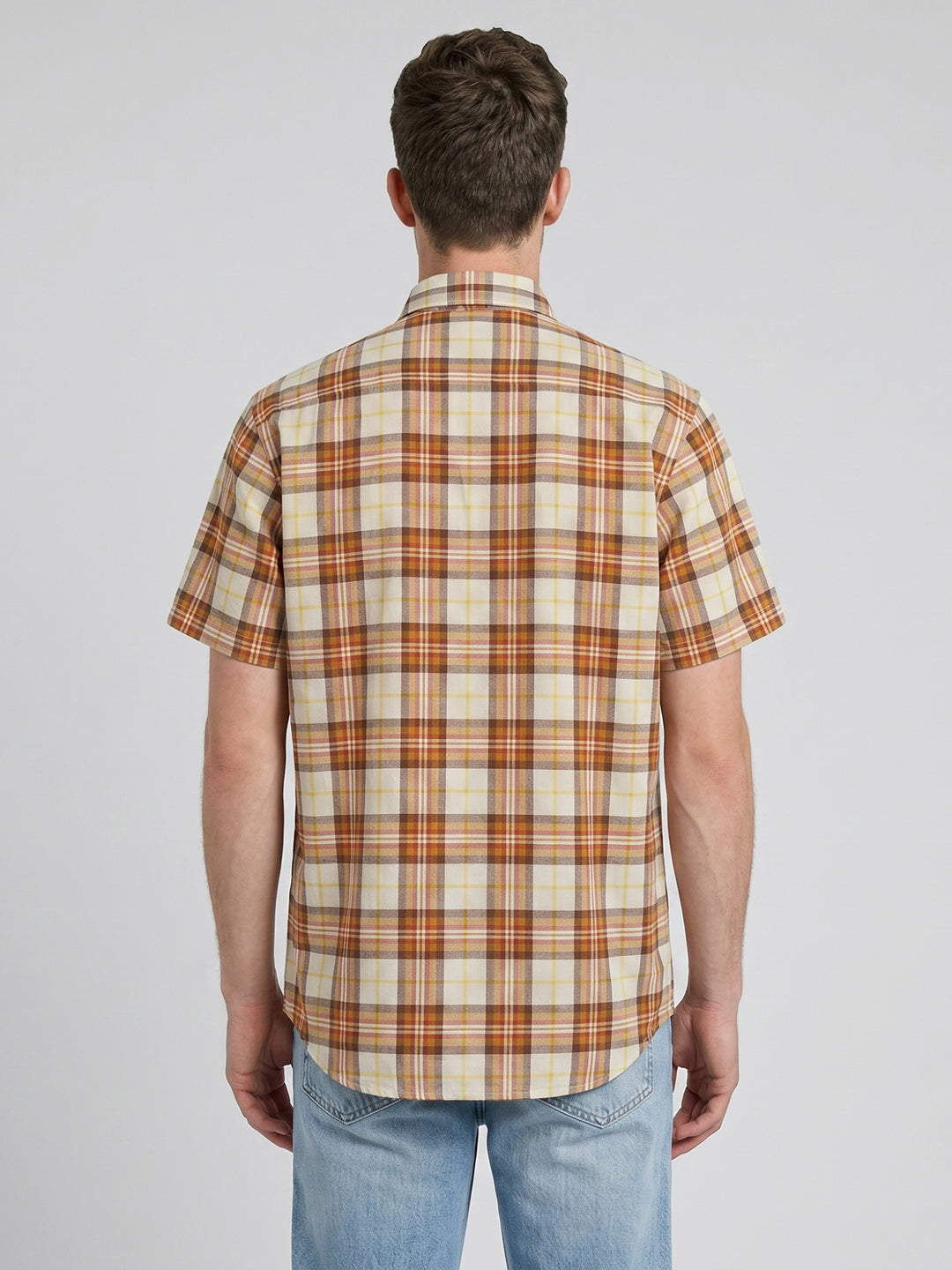 Men Brown Check Spread Collar Half Sleeve Shirt