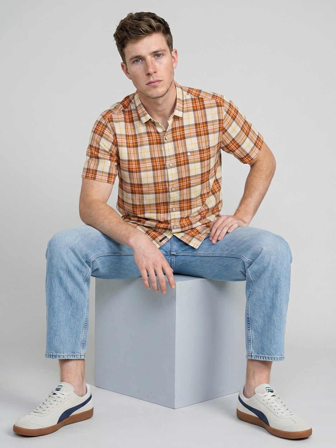 Men Brown Check Spread Collar Half Sleeve Shirt
