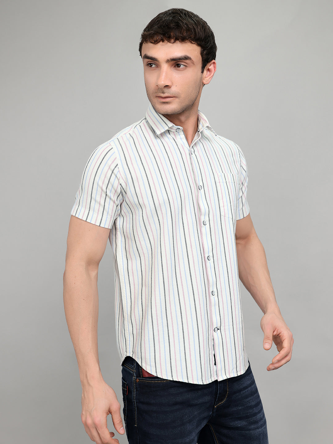 Men White Stripe Collar Half Sleeve Shirt