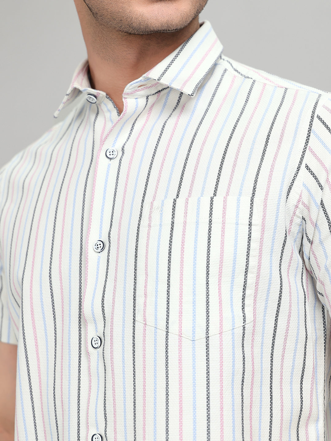 Men White Stripe Collar Half Sleeve Shirt