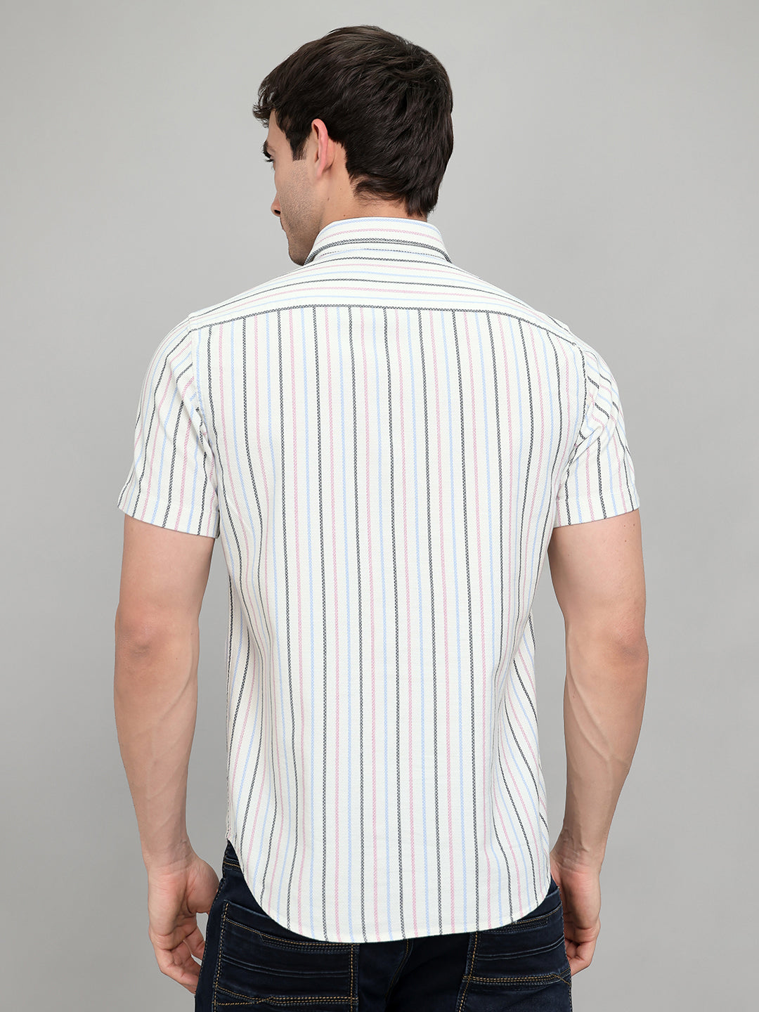 Men White Stripe Collar Half Sleeve Shirt
