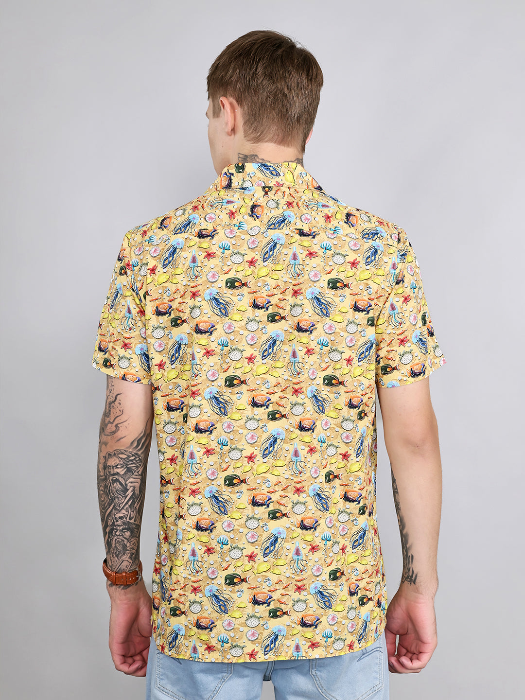 Men Yellow Printed Collar Half Sleeve Shirt
