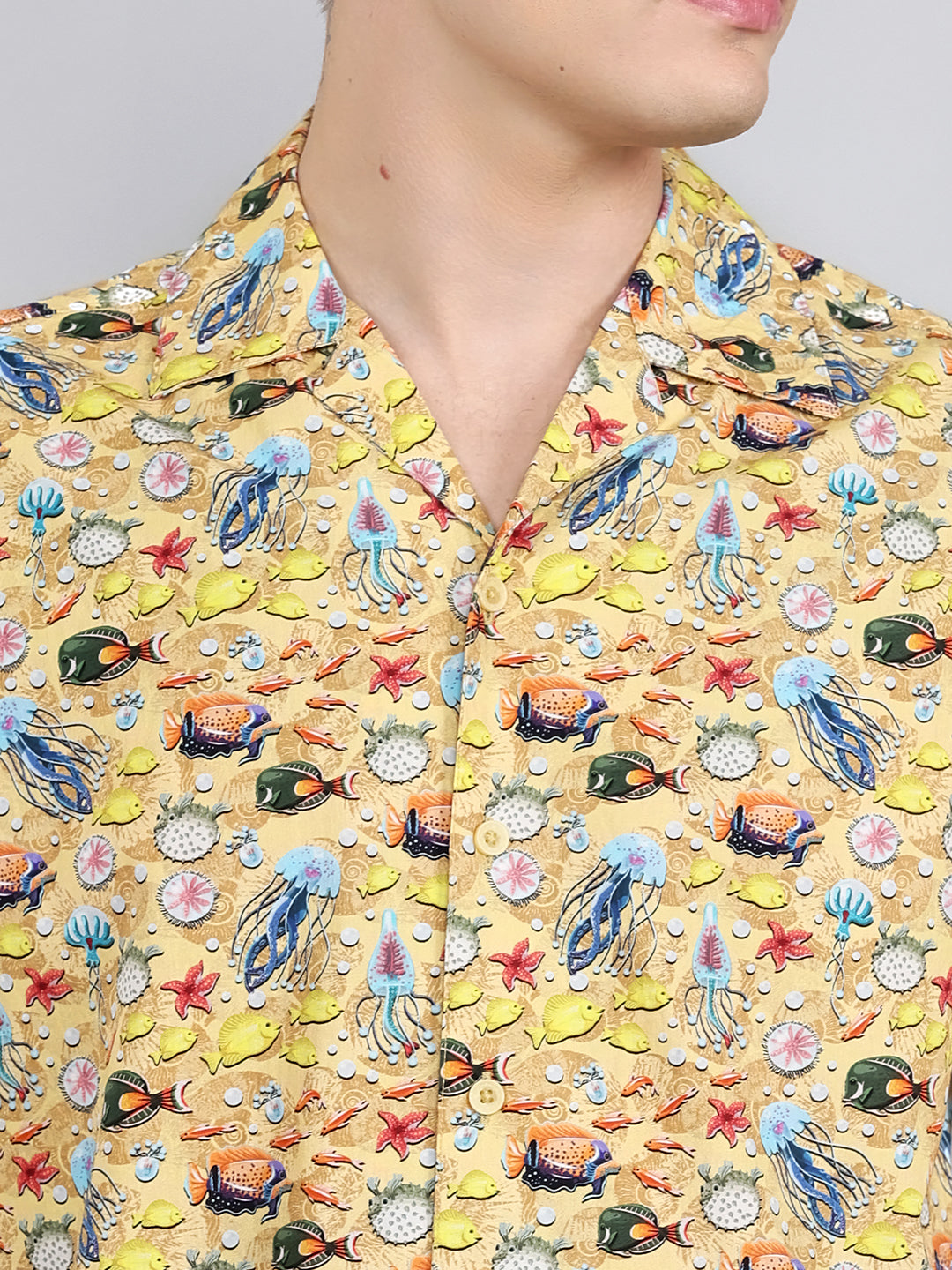 Men Yellow Printed Collar Half Sleeve Shirt