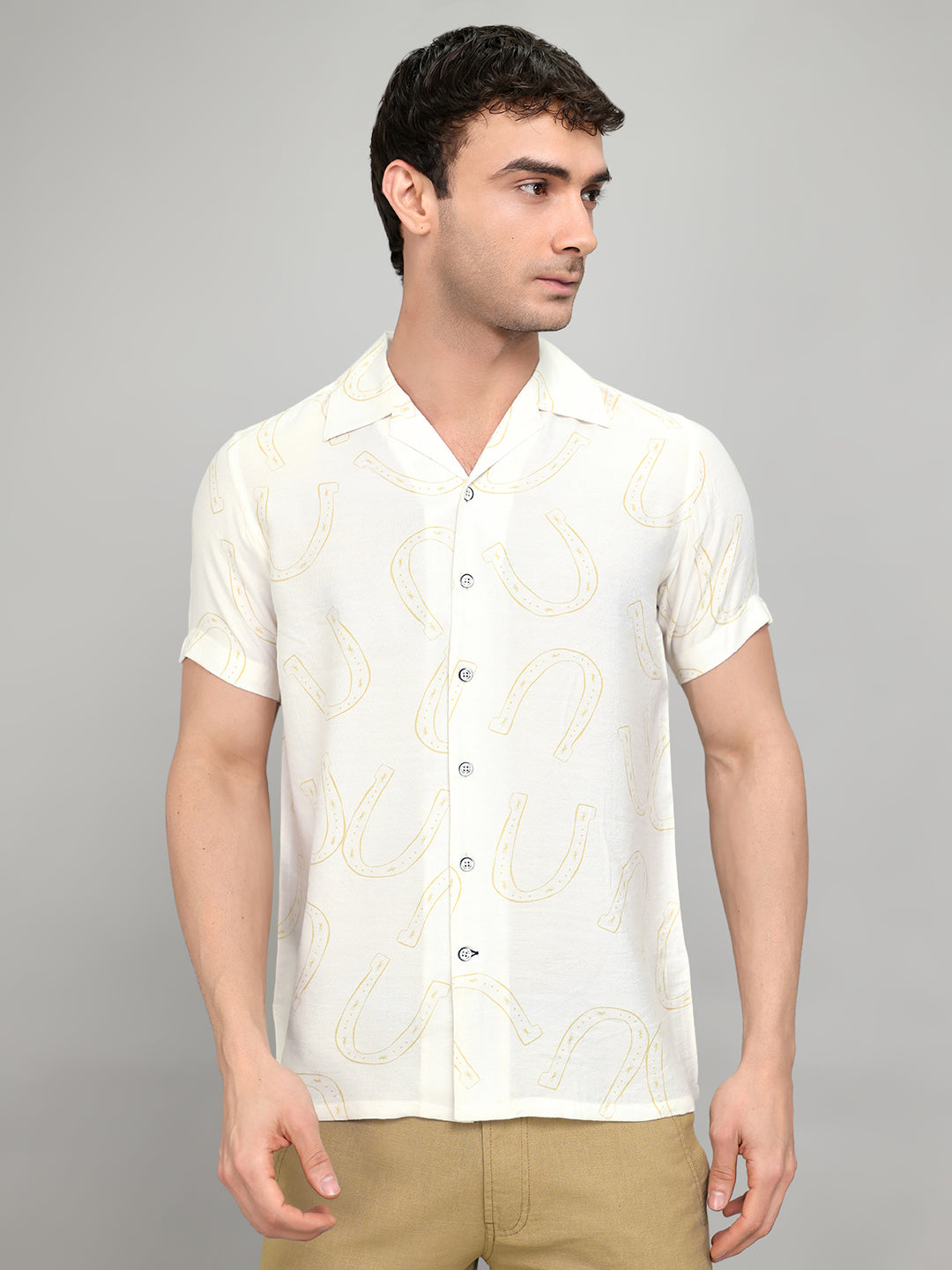 Men White Printed Collar Half Sleeve Shirt