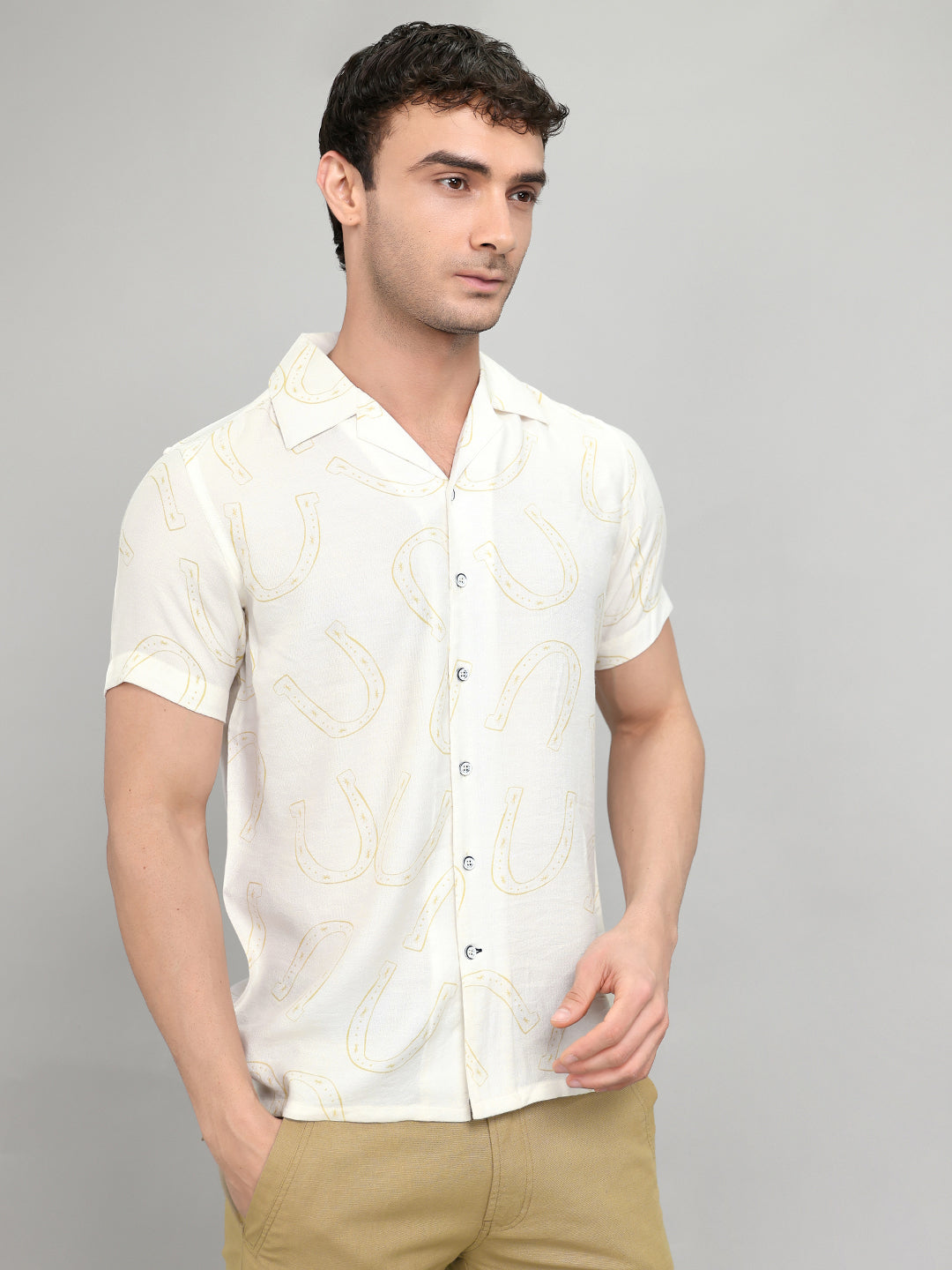 Men White Printed Collar Half Sleeve Shirt