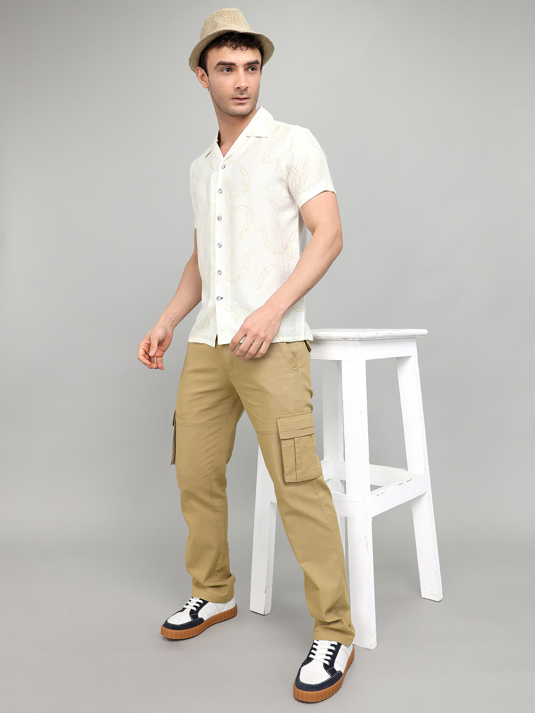 Men White Printed Collar Half Sleeve Shirt