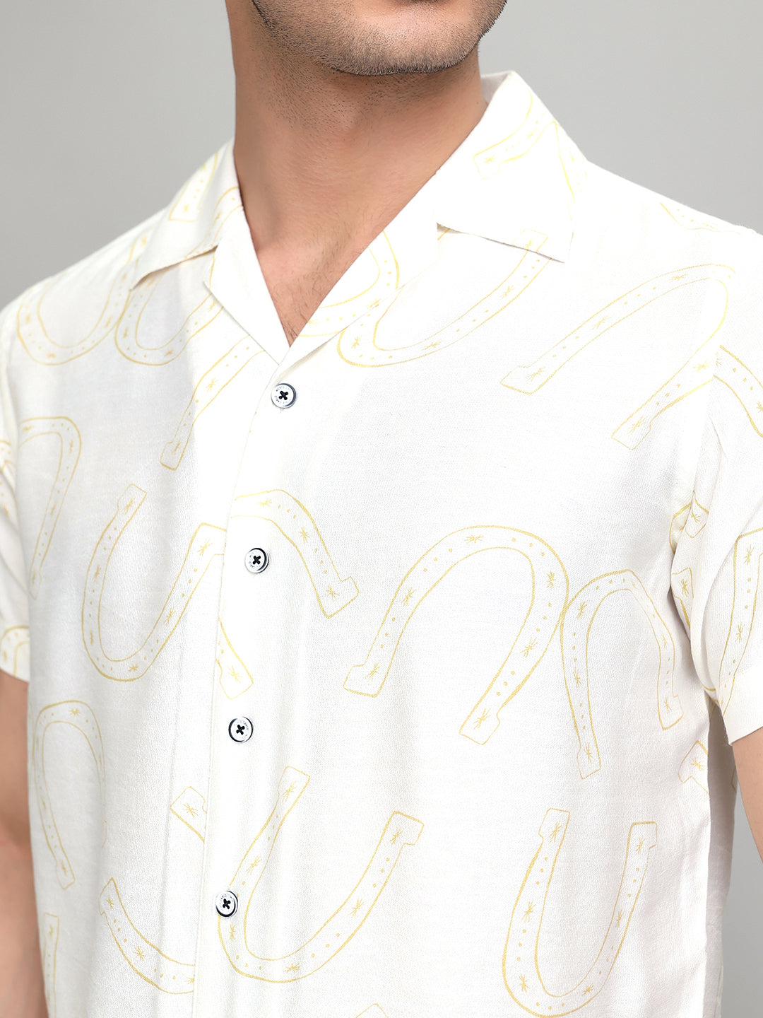 Men White Printed Revere Collar Half Sleeve Cords Set