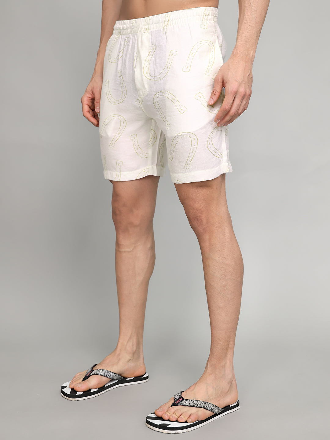 Men White Printed Revere Collar Half Sleeve Cords Set