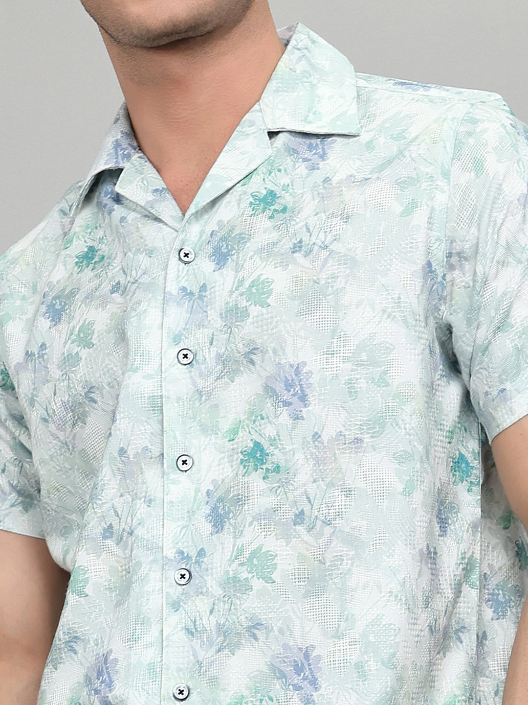 Men Sea Green Printed Round Neck Half Sleeve Cords Set