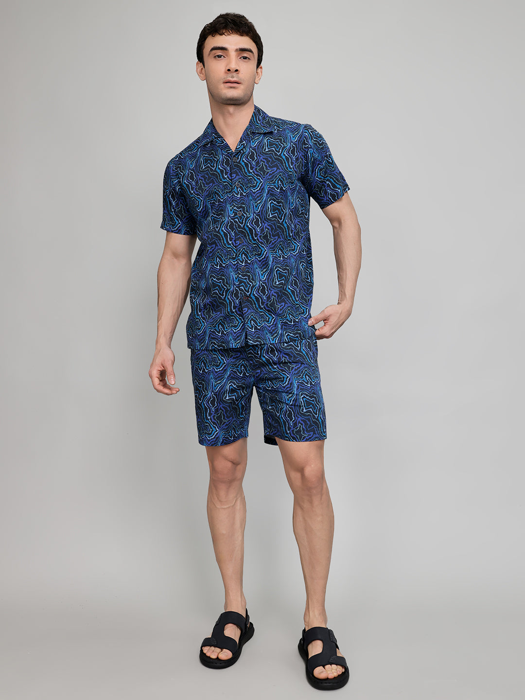 Men Navy Blue Printed Revere Collar Half Sleeve Cords Set