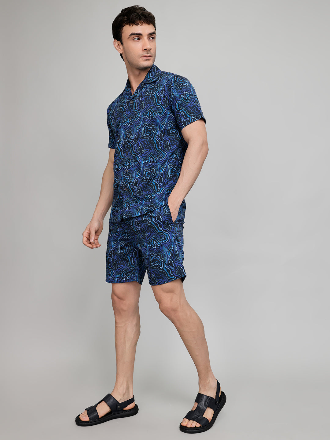 Men Navy Blue Printed Revere Collar Half Sleeve Cords Set