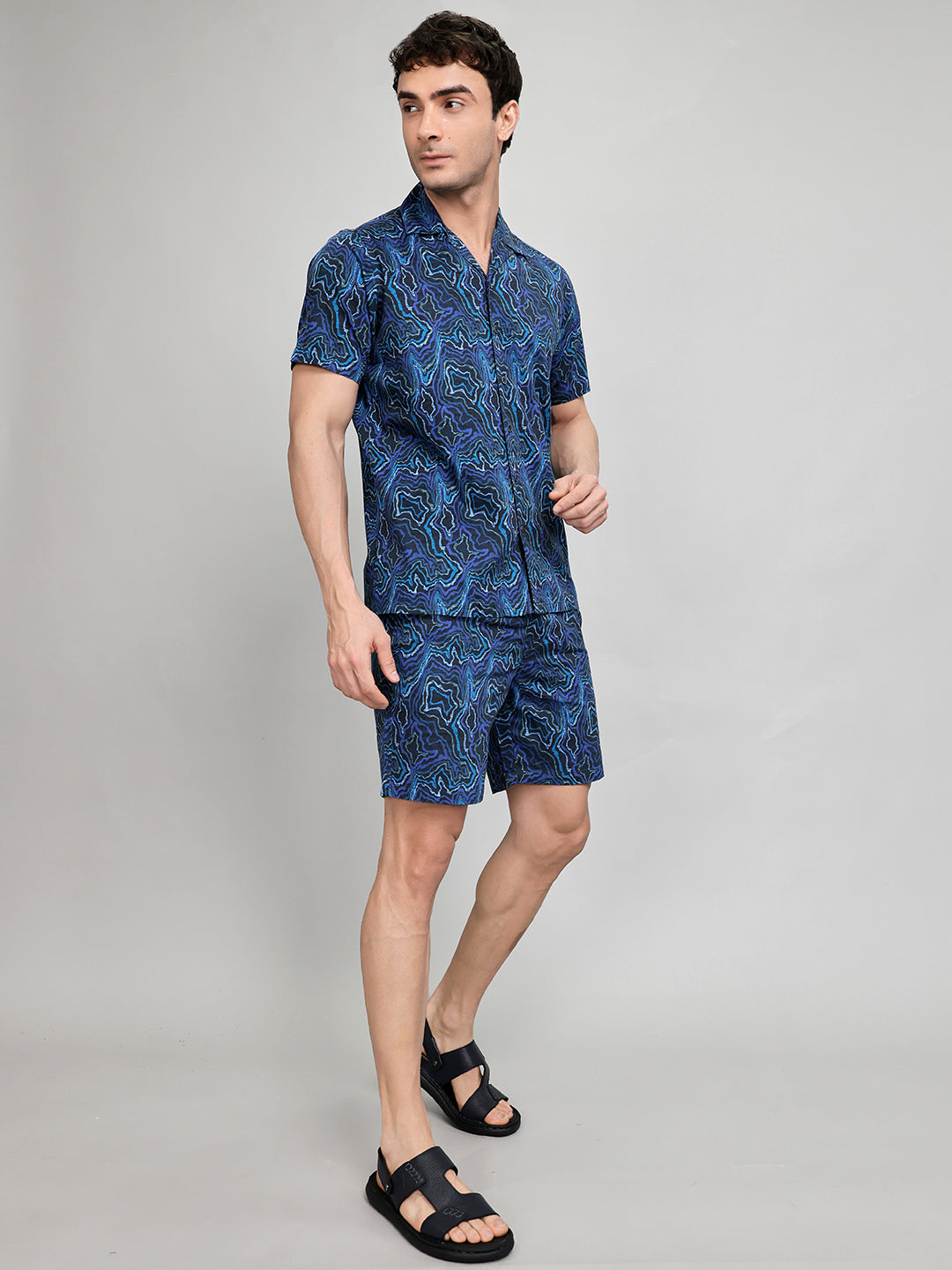 Men Navy Blue Printed Revere Collar Half Sleeve Cords Set