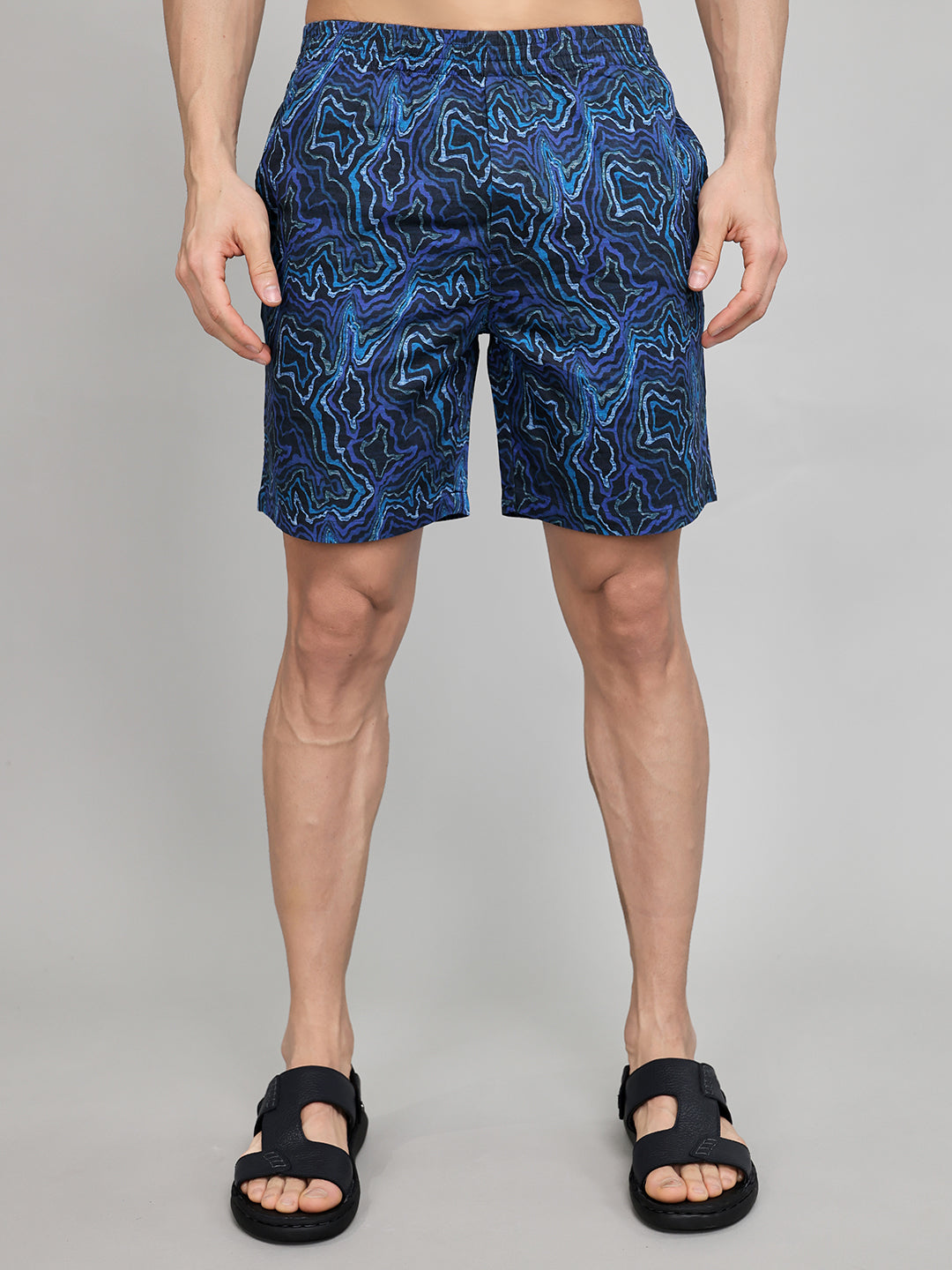 Men Navy Blue Printed Revere Collar Half Sleeve Cords Set