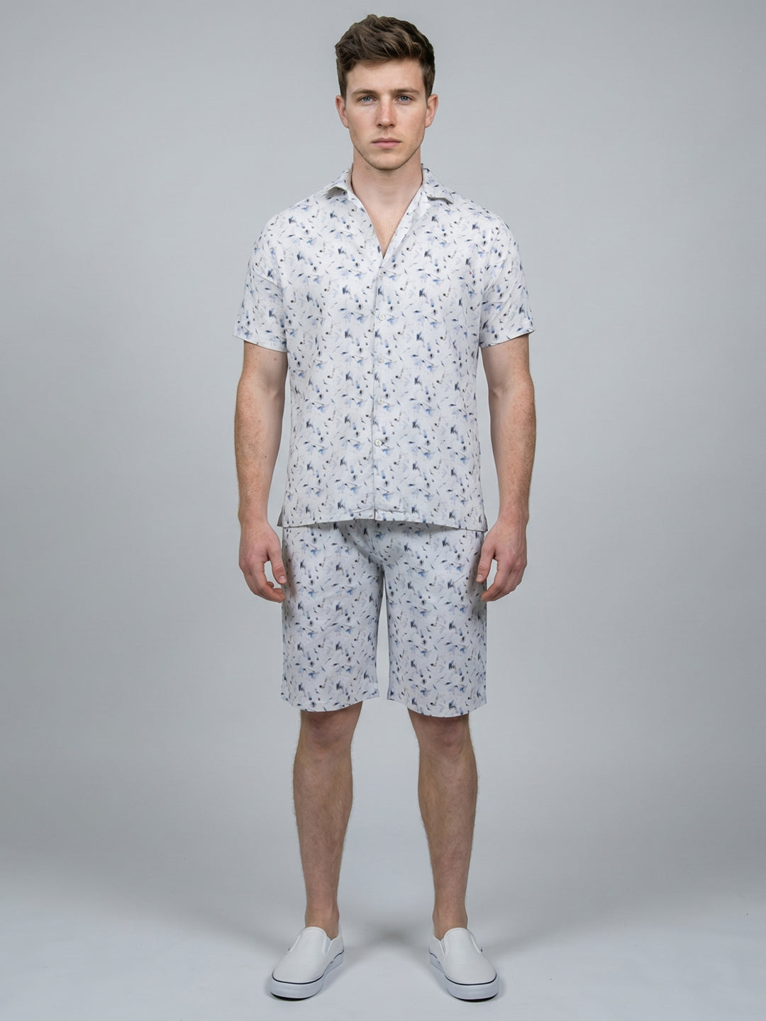 Men White Printed Round Neck Half Sleeve Cords Set