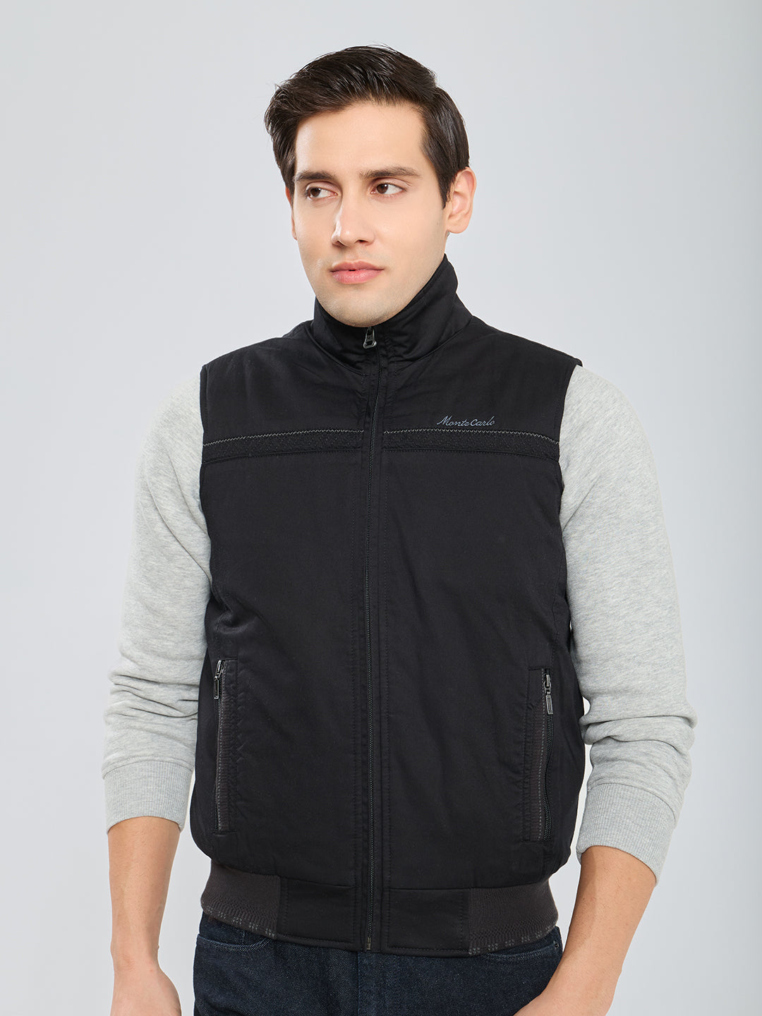Men Black Solid Collar Sleeveless Bomber Jacket
