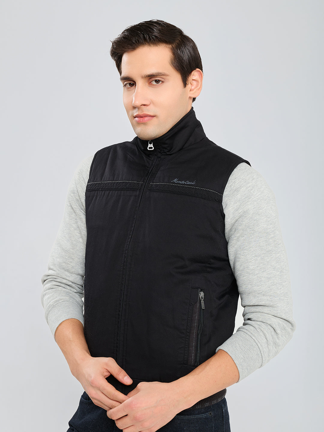 Men Black Solid Collar Sleeveless Bomber Jacket