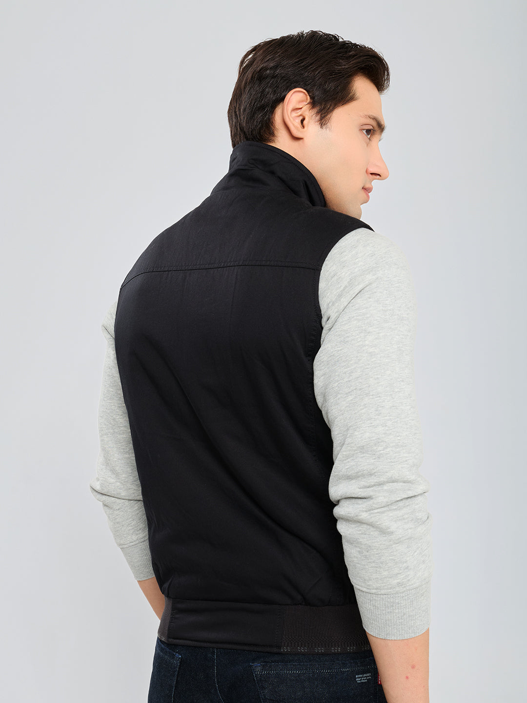 Men Black Solid Collar Sleeveless Bomber Jacket