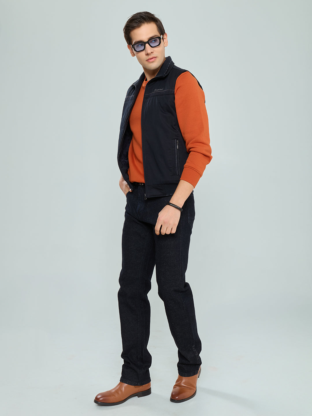 Men Navy Blue Solid Collar Sleeveless Bomber Jacket