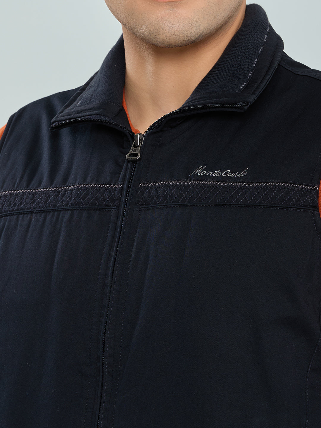 Men Navy Blue Solid Collar Sleeveless Bomber Jacket