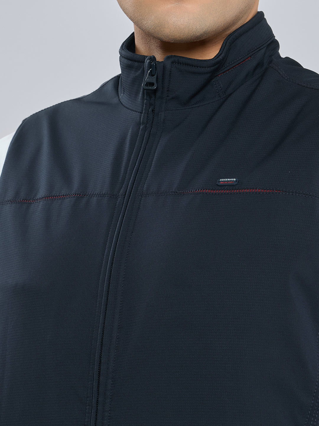 Men Navy Blue Solid Mock Neck Ultra-Warm Sleeveless Jacket