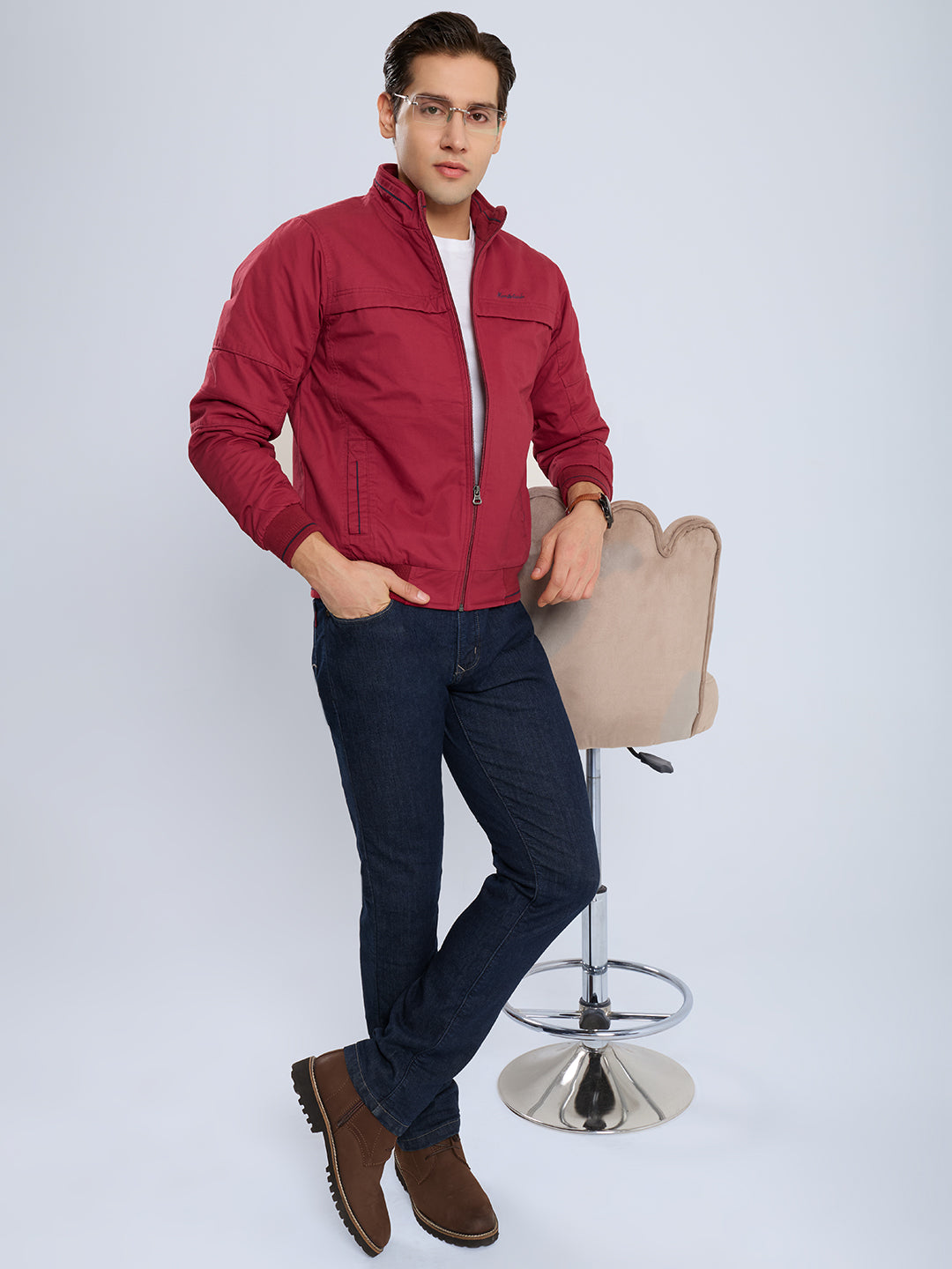 Men Maroon Solid Collar Full Sleeve Bomber Jacket