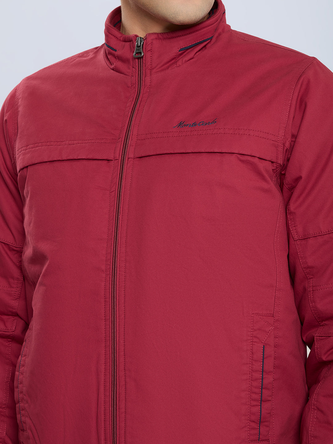 Men Maroon Solid Collar Full Sleeve Bomber Jacket