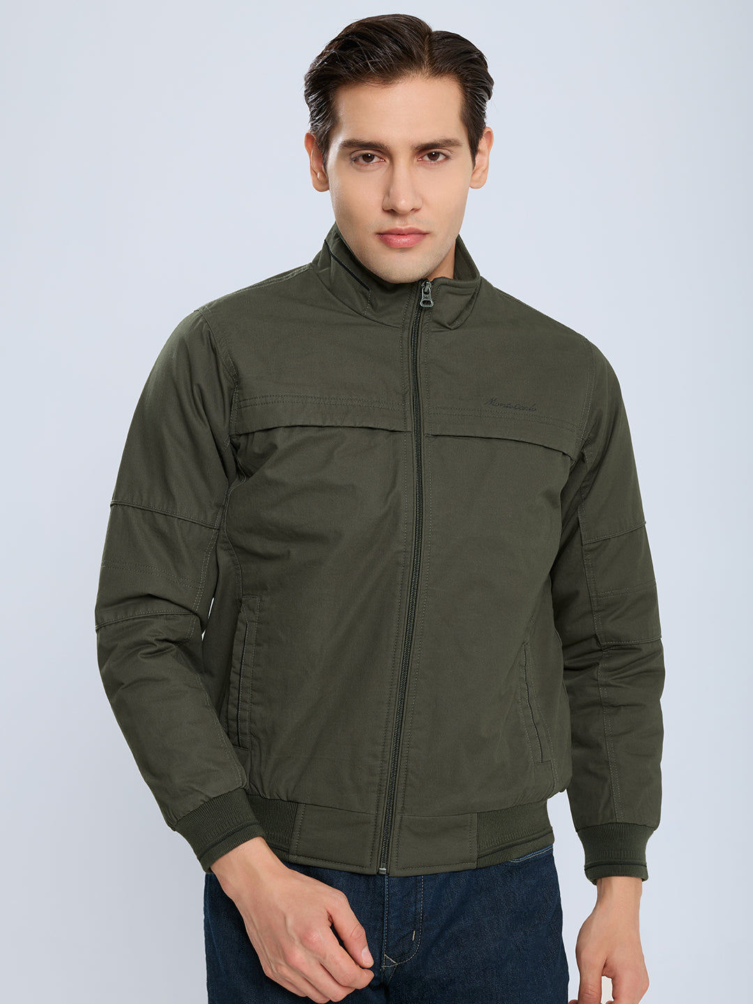 Men Olive Solid Collar Full Sleeve Bomber Jacket