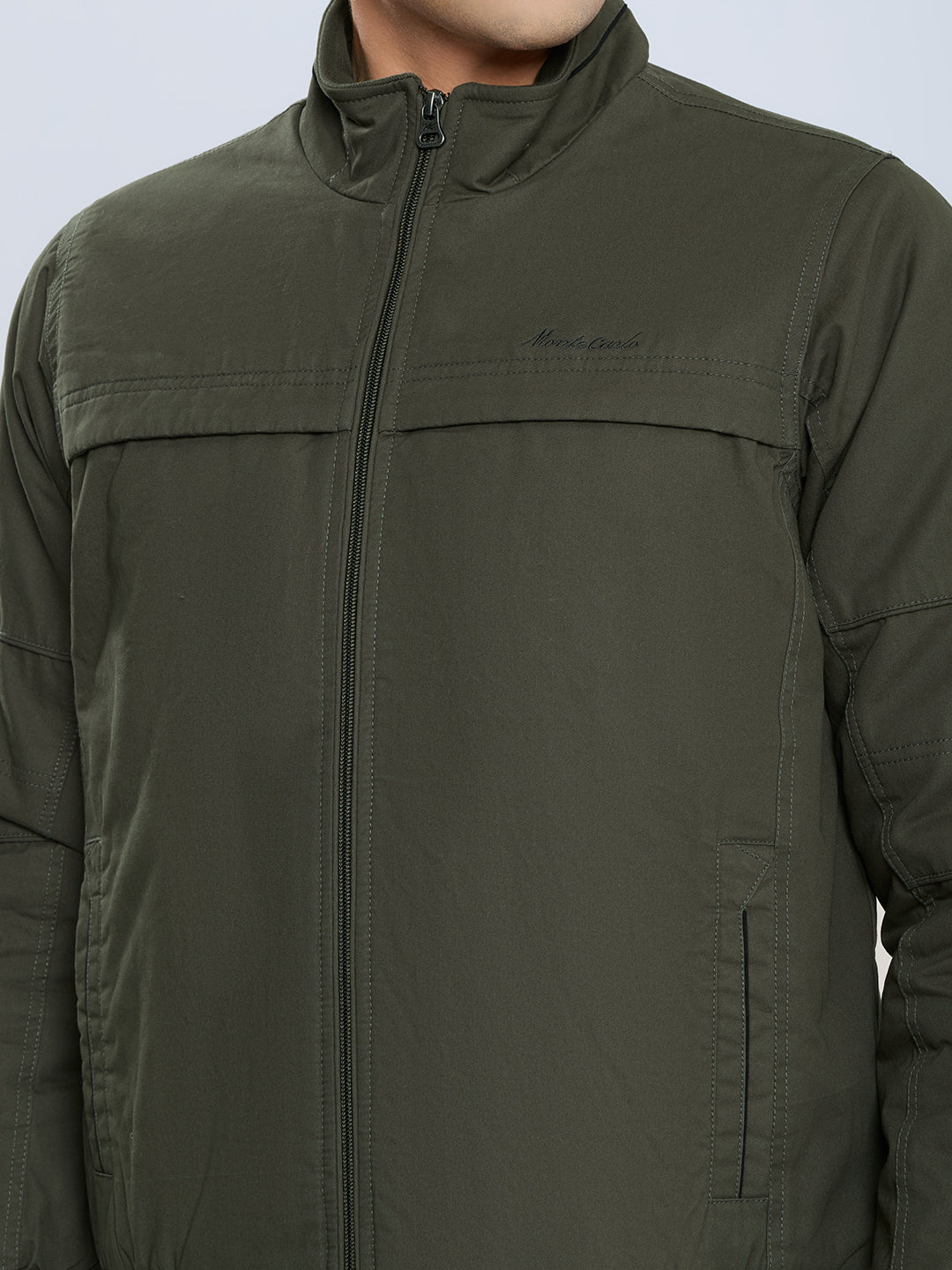 Men Olive Solid Collar Full Sleeve Bomber Jacket