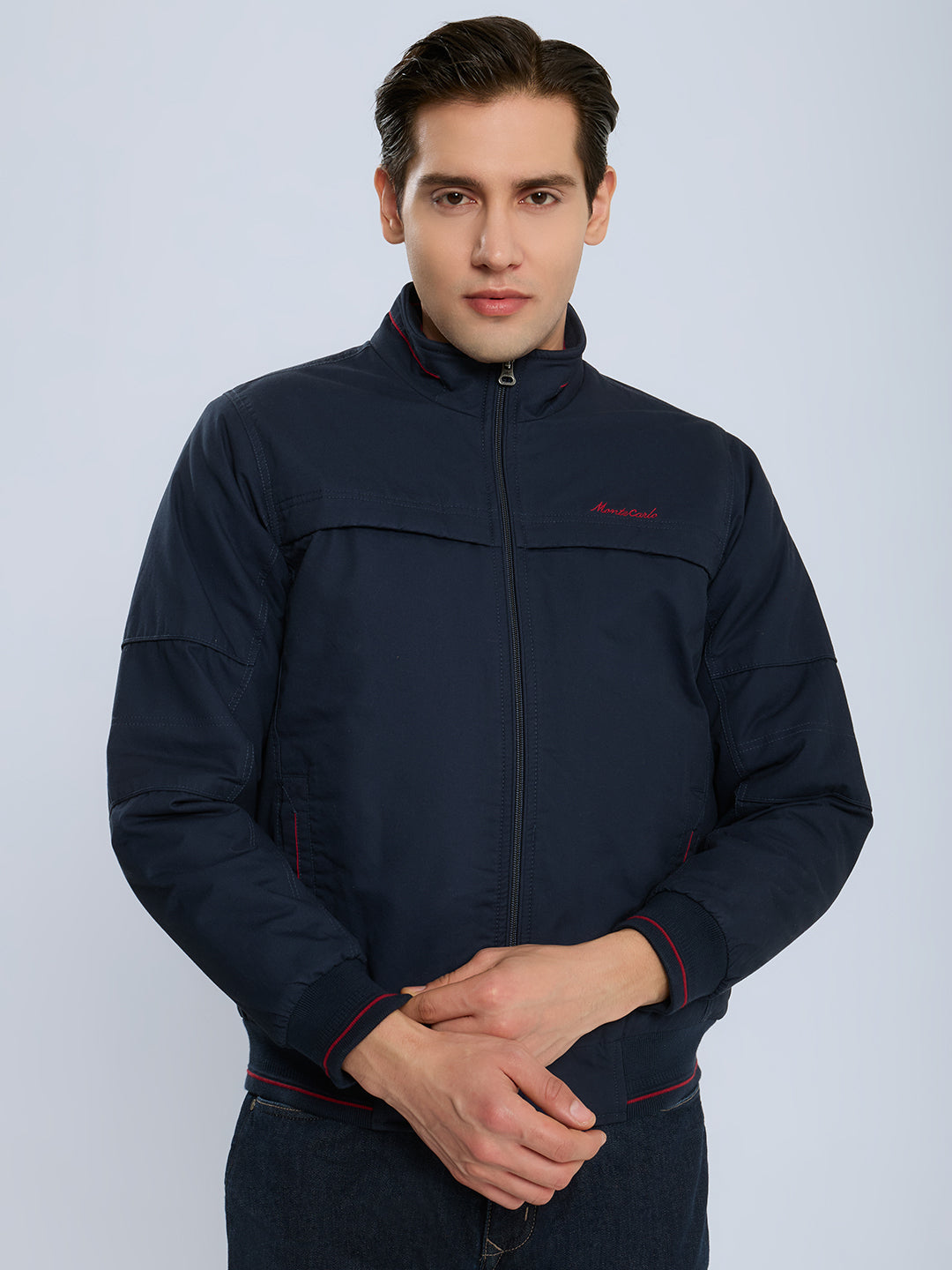 Men Navy Blue Solid Collar Full Sleeve Bomber Jacket