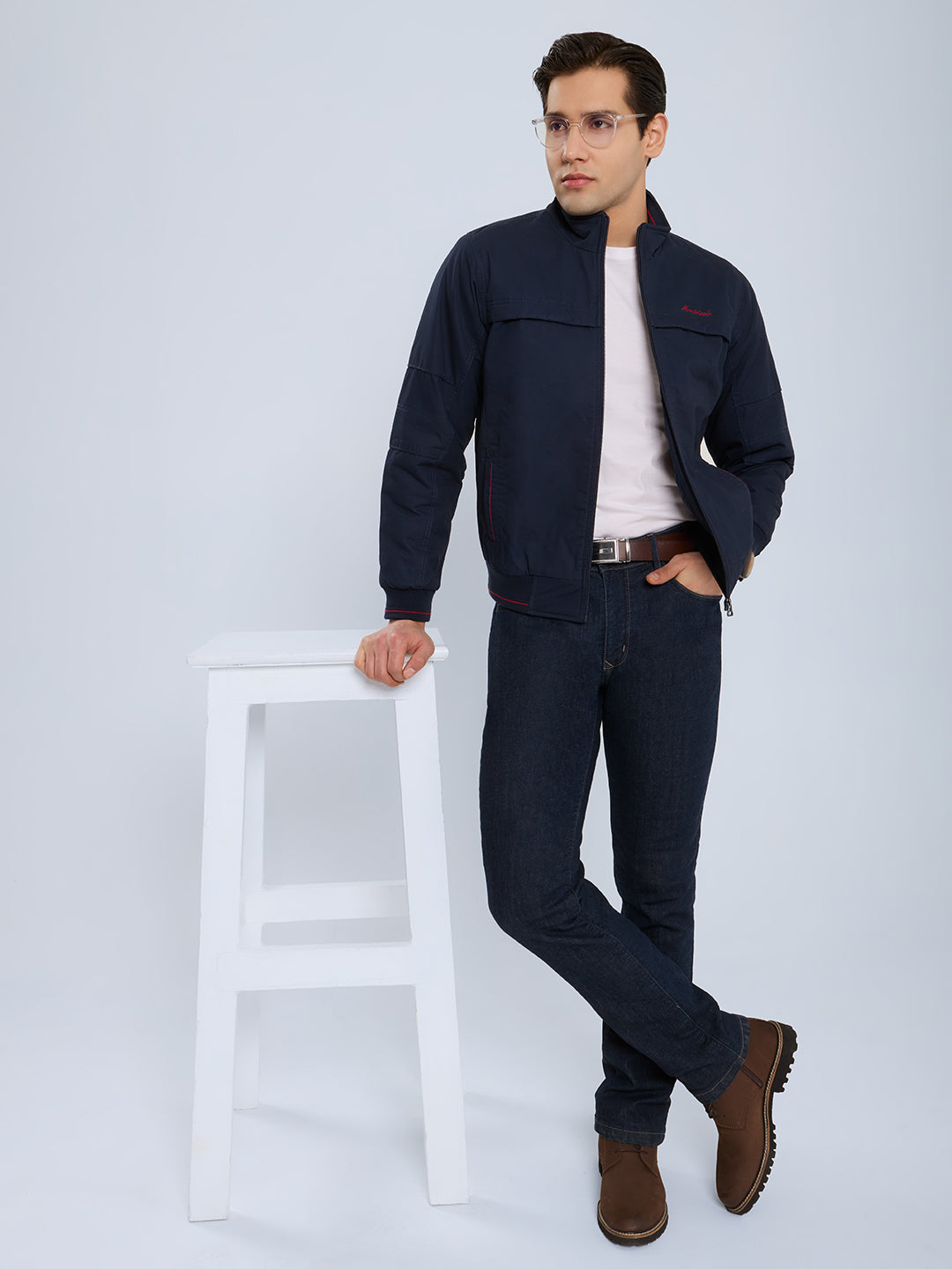 Men Navy Blue Solid Collar Full Sleeve Bomber Jacket