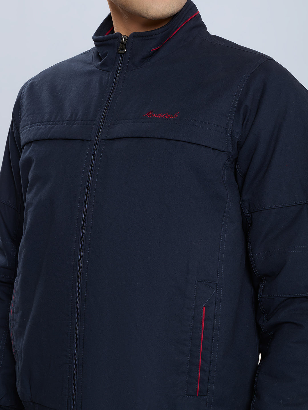 Men Navy Blue Solid Collar Full Sleeve Bomber Jacket