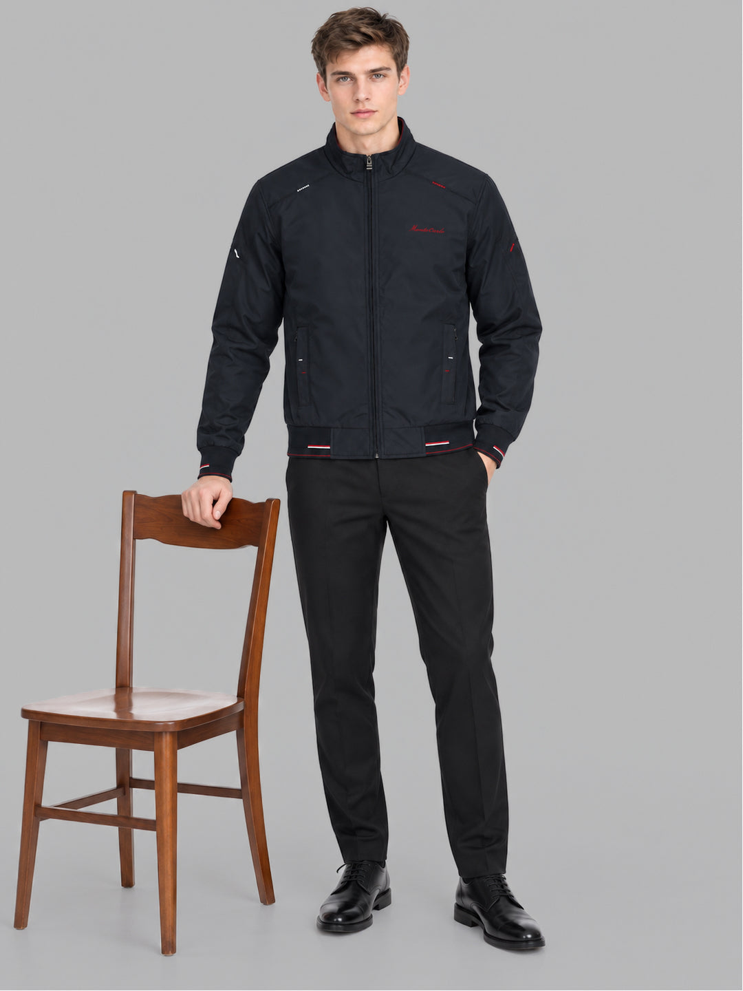 Men Navy Blue Solid Stand Collar Full Sleeve Bomber Jacket