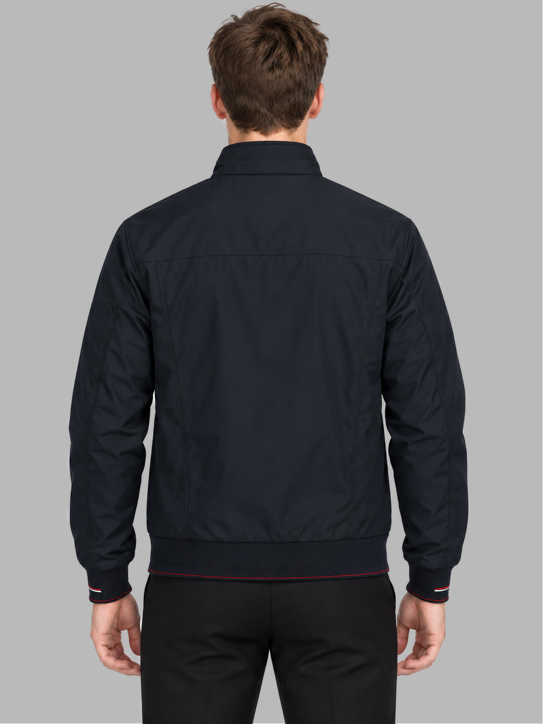 Men Navy Blue Solid Stand Collar Full Sleeve Bomber Jacket
